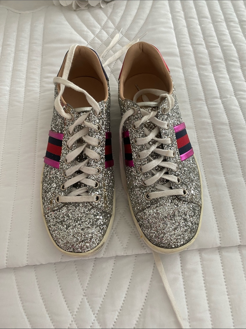 Gucci Silver Glitter Lace-Up Sneakers with Pink & Black Web